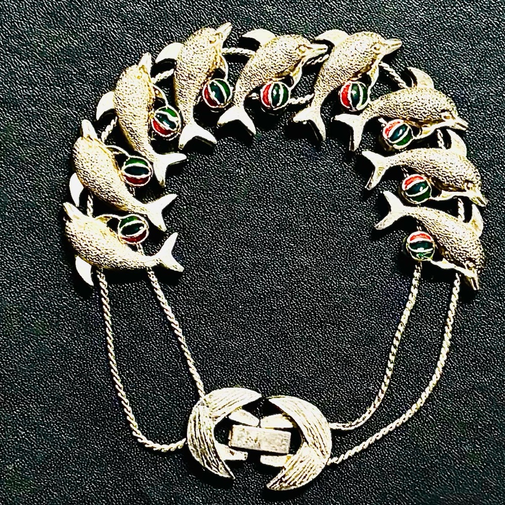 Vintage Silver Tone Dolphin Beach Ball Slider Charm Bracelet